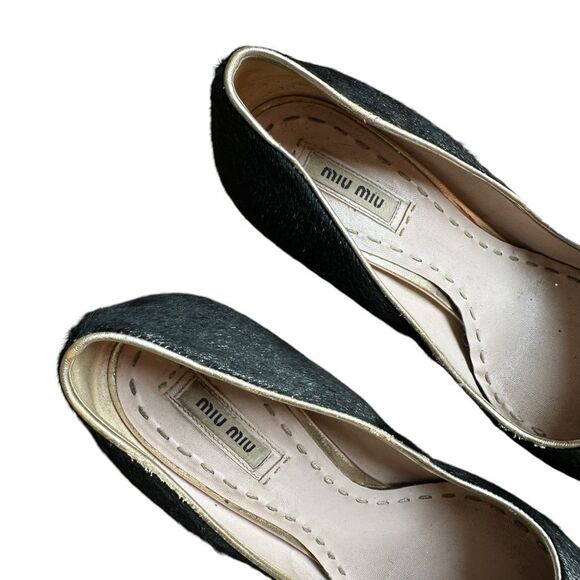 Miu Miu Black/Gold Calf Hair And Coarse Glitter Cap-Toe Block Heel Pumps Size 40 - Picture 3 of 14